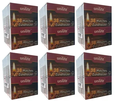 Obrázok produktu pre Unilite® – Zápalky značky Unilite, drevené, 6 kusov, balenie po 380 kusov: Spoľahlivé zapaľovanie pre krb, sviečky, gril a iné účely