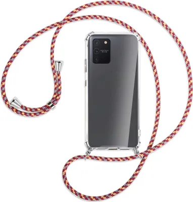 Produktbild von Handykette Backcover-Schutzhülle mit Band (Metall silberfarben) für Samsung Galaxy S10 Lite - weinrot/gelb/grau