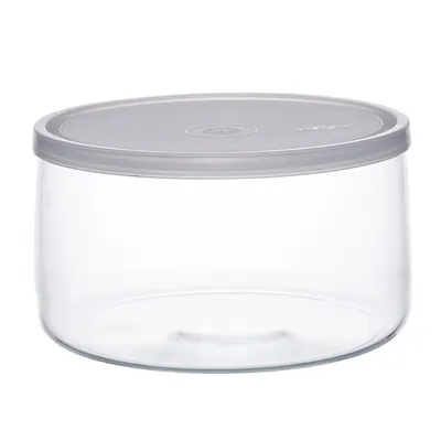 A clear glass food storage container with a white lid, shown against a white background.