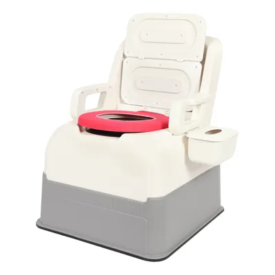 A white and gray portable toilet chair with a red seat cushion, shown against a white background.