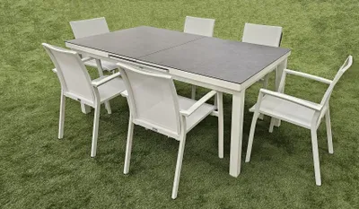 Produktbild von 7-tlg. Alu Gartenmöbel Set weiß ausziehbarer Tisch mit stapelbaren Stühlen Tisch ausziehbar 180-240 cm mit 6 Stühlen