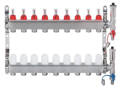 Imagen del producto de Colector para suelo radiante de acero inoxidable con caudalímetros Hydroland ROZDZ.09SS, 9 circuitos, 1"