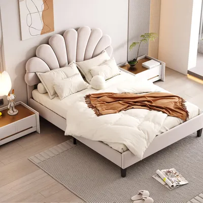 Image de MODFU Lit double 140x200 cm - Lit Capitonné Double avec Sommier à Lattes et Tête de Lit Intégrée - Velours + MDF, Beige, Sans Matelas