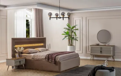 Produktbild von Beige Schlafzimmer Luxus Möbel Designer Doppelbett 2x Nachttische 5tlg