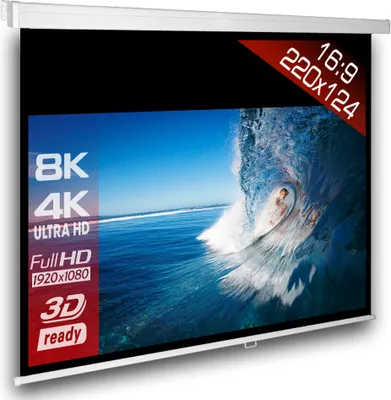 Produktbild von 16:9 Slenderline Heimkino Beamer Rolloleinwand 220 x 160 (214x120)cm / Gehäuselänge 234 cm / FULL HD / 3D / 4K / HDTV / manuelle Leinwand