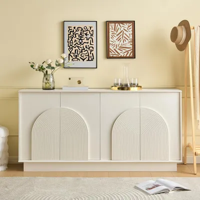 Produktbild von AIORBER Modernes weißes Sideboard mit gewölbten Türen, 4-türiger Aufbewahrungsschrank aus MDF mit matter Oberfläche – elegant & funktional