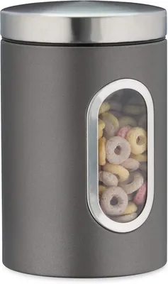 Productafbeelding van Voorraadpot - Deksel en kijkvenster - 1,4 l - Koffie - Meel - Pasta - Keukenopbergdoos - Kunststof - Metaal - Grijs - 17 x 11 x 11 cm