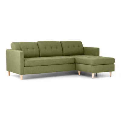 Produktbild von Marino Sofa, Chaiselongsofa rechts oder links gewendet in grün Stoff mit Holzbeinen.