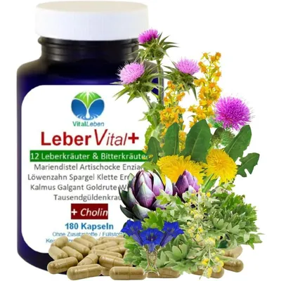 Produktbild von LEBER Vital Komplex Leberkapseln 180 Kapseln 12 Kräuter & Bitterstoffe mit Löwenzahn, Artischocke, Mariendistel + CHOLIN ohne Zusatzstoffe.