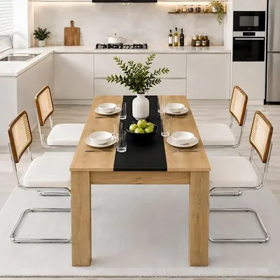 Produktbild von Essgruppe 5-teilig, Esstisch 110 × 70 cm, Samt Cremeweiß | 1 Tisch + 4 Freischwinger, Eiche-Optik/Schwarz, Geflecht-Rückenlehne, cremeweißer Samt, kompakt für 4 Personen