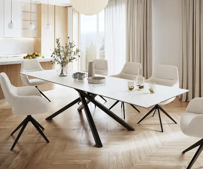 Produktbild von DELIFE Esstisch Edge 300x100cm Keramik Laminam® Statuarietto Weiß Mittelfuß Kreuz Schwarz