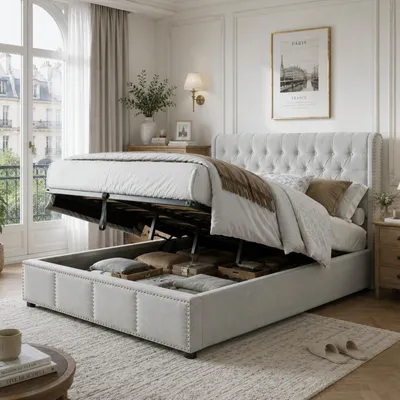 Produktbild von okwish Polsterbett, 180 x 200 cm Jugendbett,Doppelbett mit Hydraulikhebel, mit Stauraum, Nietenverzierung, Leinen , mit Matratze, grau