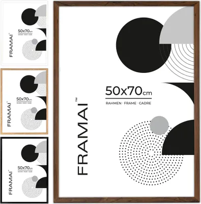 Immagine prodotto di Cornice FRAMAI® 50x70 in MDF marrone: cornice ecologica con plexiglass infrangibile, gancio e supporto