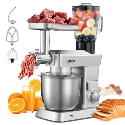 Immagine prodotto di VEVOR robot da cucina elettrico multifunzione 1300 W con ciotola in acciaio inox (4,3 L) e ciotola di miscelazione (1,5 L), impastatrice con 6+P velocità e gancio per impasto, frusta e sbattitore