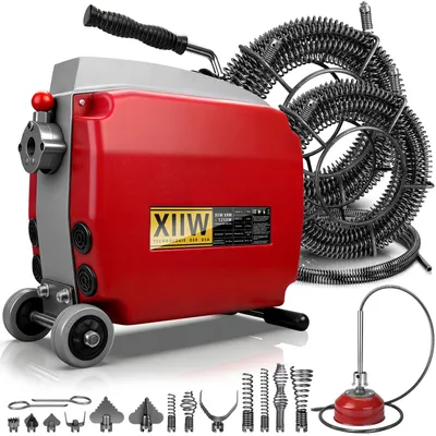 Produktbild von Rohrreinigungsmaschine 1250W 550U/min, für Rohrdurchmesser Ø20-200mm, Spirale(15MØ16mm+17.5MØ22mm+40cm) Trommel(3mØ10mm)+13 Schneidköpfen, Bodenrollen