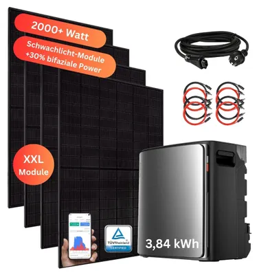 Produktbild von MyVoltaics Balkonkraftwerk 2000+ W mit Speicher STREAM Ultra X 3,84 kWh, SmartMeter gratis für Nulleinspeisung, bidirektional ohne Aufständerung