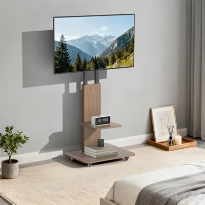 A TV stand with a TV mounted on it, placed in a room setting.
