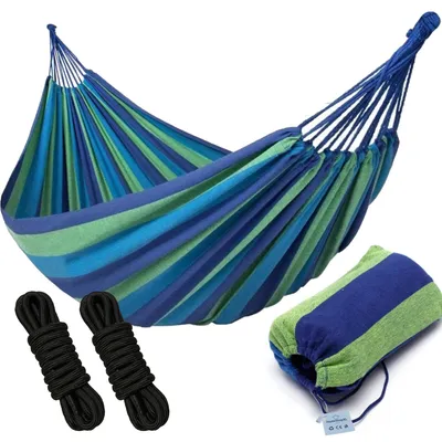Produktbild von 2-Personen-Hängematte XL - Doppel-Hängematte Blau - In Aufbewahrungstasche + Befestigungsseile - Wetterfest