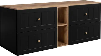 Zdjęcie produktu dla Rodan | Szafka pod Umywalkę - Czarna i Brązowa - 140 cm - Szuflady Soft-Close - Regał z Półką