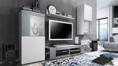 Produktbild von Vladon Wohnwand Movie, Anbauwand bestehend aus 1 TV-Board, 2 Vitrinen und 1 Regal, Weiß matt/Weiß matt/Avola-Anthrazit (Gesamt: 300 x 190 x 39 cm)