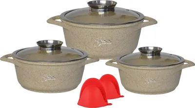 Produktbild von Kochgeschirr 6 teilig Topf Induktion Alu Guss ø 20-28cm Topf Kochtopfset mit Silikongriffe Aluminium Guss Beige