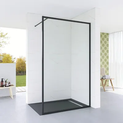 Produktbild von Walk-in Dusche 110x203 cm mit Stabilisierungsstange schwarzem Komplettrahmen, 8 mm Sicherheitsglas mit Nano-Beschichtung, verstellbare Duschabtrennung