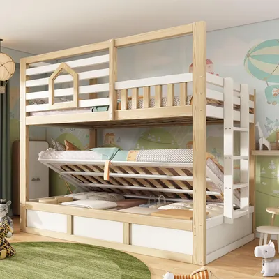 Image de Lit superposé hydraulique Flieks 90 x 200 cm avec rangement, lit enfant en forme de maison avec fenêtre, lit mezzanine avec échelle et barrière de sécurité, aspect naturel