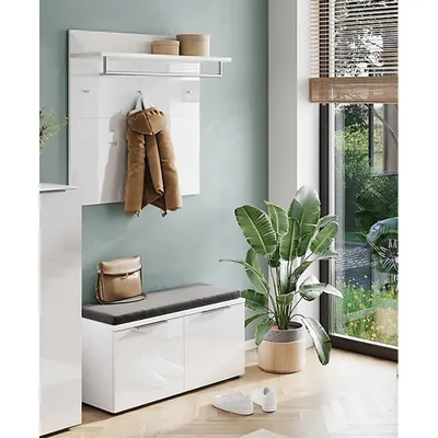 Produktbild von Garderoben Set Schuhbank inkl. Sitzkissen und Wandgarderobe weiß Glasfronten GENEVA-01