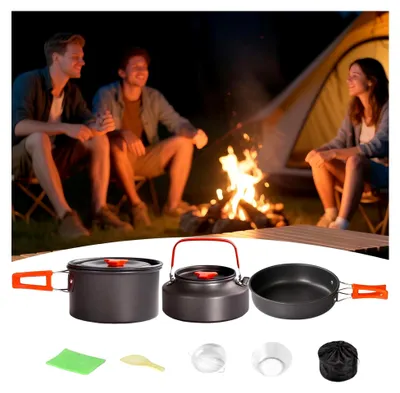 Produktbild von Camping Kochset, 3-teiliges Wander- und Picknickbesteck, Antihaft Pfanne Tragbar für Camping Outdoor Wandern Reisen