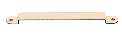 A product shot of a beige metal strip with two holes at each end.