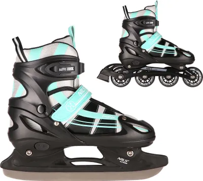 Produktbild von Verstellbare Schlittschuhe GRÖßE 35-38 mit Inline Kufe NH18366A 2-IN-1 BLAU-GRÜN Inliner-KUFE
