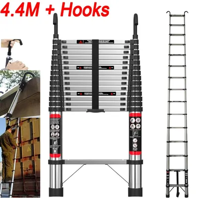 Immagine prodotto di Scala telescopica - Scala estensibile da 4,4 metri - Acciaio inossidabile - Portata massima 150 kg - Ganci removibili - Scala dritta per uso domestico