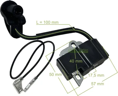 A black ignition coil with wires and connectors, shown against a white background with measurement annotations.