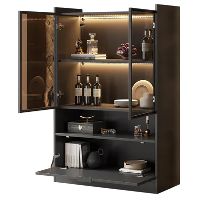 Produktbild von MODFU Moderne Vitrine mit 16-farbige LED-Beleuchtung Glasvitrine Wohnzimmerschrank mit Glastüren und Klapptür Standvitrine Für Wohnzimmer,Schwarz