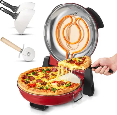 Immagine prodotto di VEVOR forno elettrico per pizza 1200 W con pietra in cordierite, controllo della temperatura a 5 livelli, finestra di visualizzazione per una cottura precisa, riscalda fino a 420 °C, forno per uso domestico (rosso)
