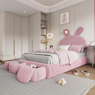 Image de Lit rembourré 90x200cm, lit simple, oreilles de lapin, avec deux tabourets de rangement, lit d'enfant avec lattes en bois, velours, rose