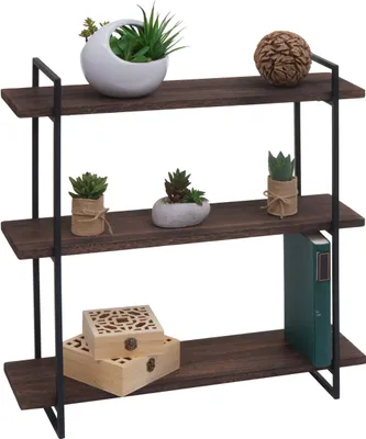 Image de Etagère murale HWC-K78, étagère suspendue Schweberegal, 3 étagères en bois massif industriel 60x60x18cm ~ brun foncé, métal noir