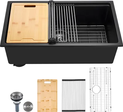 Zdjęcie produktu dla Zlewozmywak granitowy VEVOR (762 x 457 x 230 mm) do montażu natynkowego, zlewozmywak do zabudowy w stylu wiejskim z akcesoriami, zlewozmywaki domowe do kamperów, kuchni przygotowawczych, barów, czarny