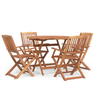 Image de Ensemble de salle à manger de jardin 5 pièces, pliable, en bois d'acacia massif, table ronde Ø 90 cm avec trou parasol, 4 chaises.