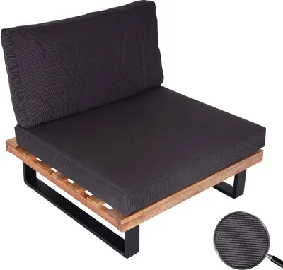 A lounge chair with dark gray cushions on a wooden and black metal frame, shown against a white background.