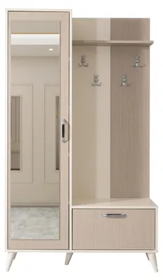 Image de Armoire en bois de couleur beige, avec miroir et tiroirs, idéale pour l'entrée