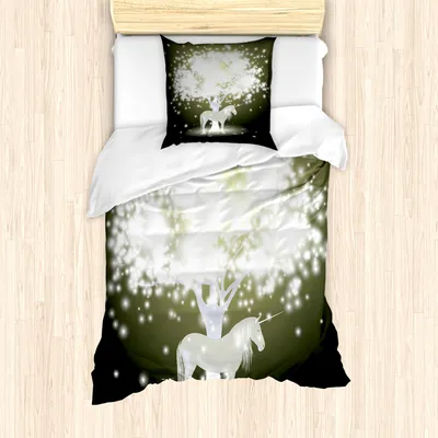 Produktbild von ABAKUHAUS Magie Mantele, Einhorn Pferd mit Baum, Milbensicher Allergiker geeignet mit Kissenbezügen, 135 cm x 200 cm - 80 x 80 cm, Yellow Hunter Gray