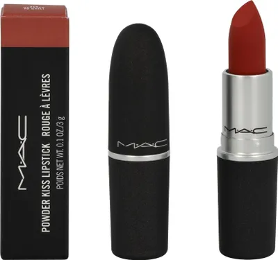 A MAC Powder Kiss Lipstick and its packaging are displayed against a white background.