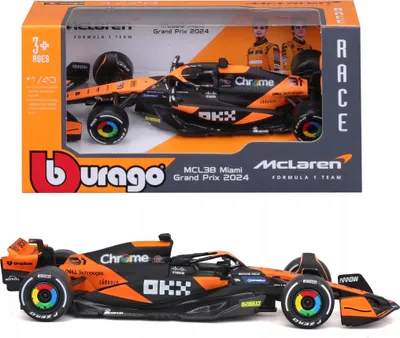 A toy Formula 1 car in its packaging and a separate shot of the car.