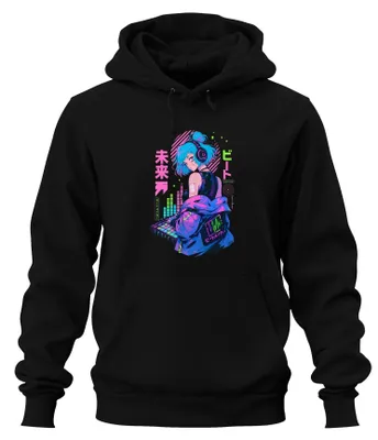 Productafbeelding van Cyberpunk anime, beatmaker, DJane, Future Japan, Y2K, Otaku hoodie, zwart, maat L
