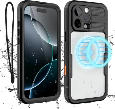 A product shot of a phone case with a phone inside, surrounded by water splashes.