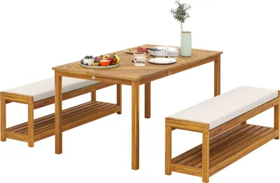 Produktbild von 3-tlg. Gartenset Teakholz: Esstisch mit Schirmloch + 2 Bänke (150x85x75 cm) | Wetterfeste Terrassenmöbel