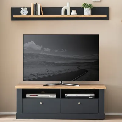 Produktbild von TV-Lowboard mit Wandboard in anthrazit mit Wotan Eiche Nb. CESENA-61, B/H/T ca. 150/170/45 cm