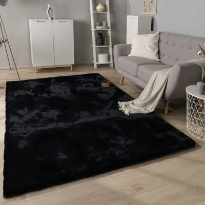 Produktbild von Hochflor Teppich Shaggy Unifarben Schlafzimmer schmutzabweisend Schwarz Läufer 80x150 | 100% Polyester | Florhöhe: 35 mm | pflegeleicht