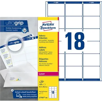 Produktbild von Avery L7161-100, Weiß, Papier, 63.5 x 46.6 mm, A4, 100 Blätter, 1800 Stück(e)